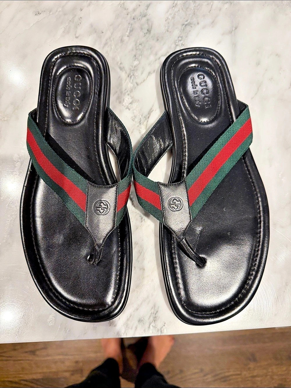 Gucci Web Leather Thong Sandal Black & Green